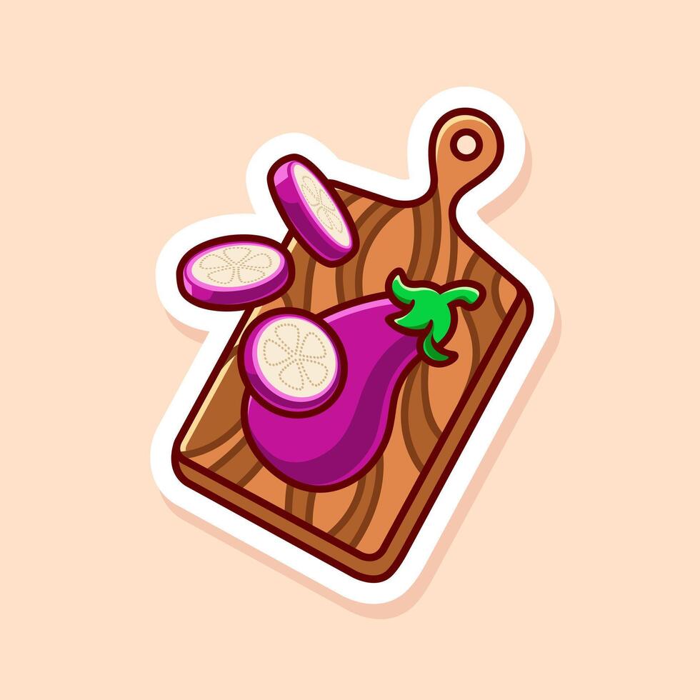 cute cartoon of purple single and slice eggplant on wooden cutting board isolated vector