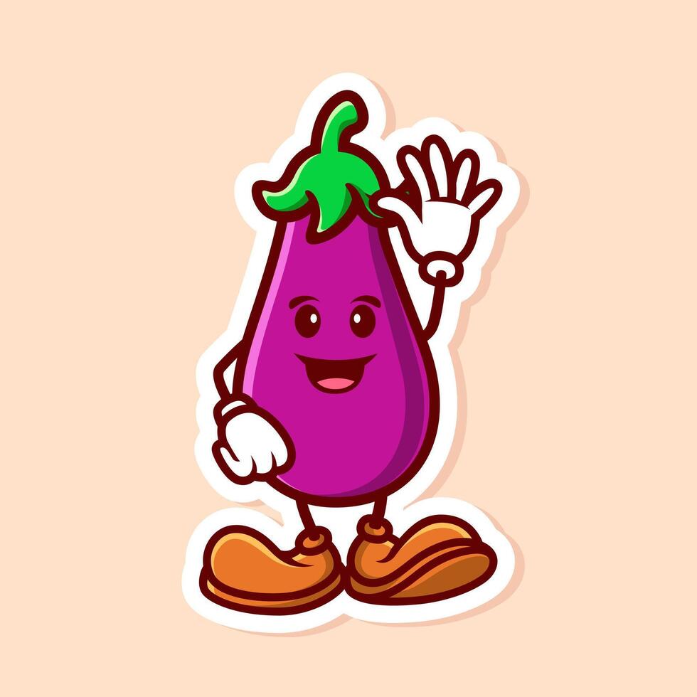 cute cartoon character of eggplant wave hand isolated vector
