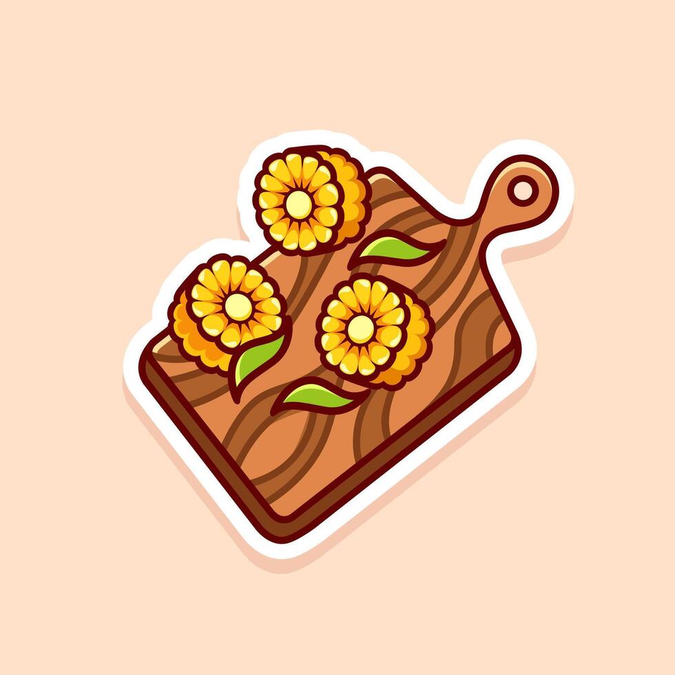 cute cartoon of yellow corn chunks and wooden cutting board isolated vector