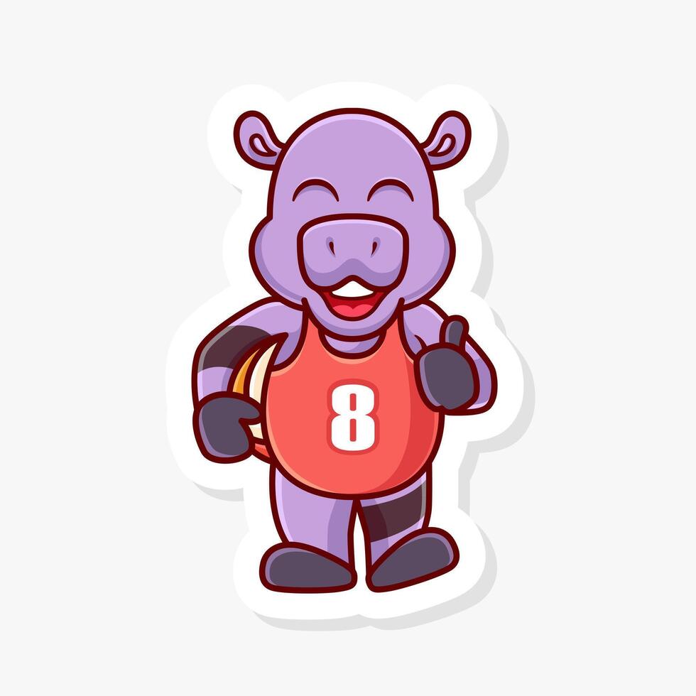 Hippo carrying a volleyball and giving a thumbs up, cute cartoon character of animal doing sport. vector