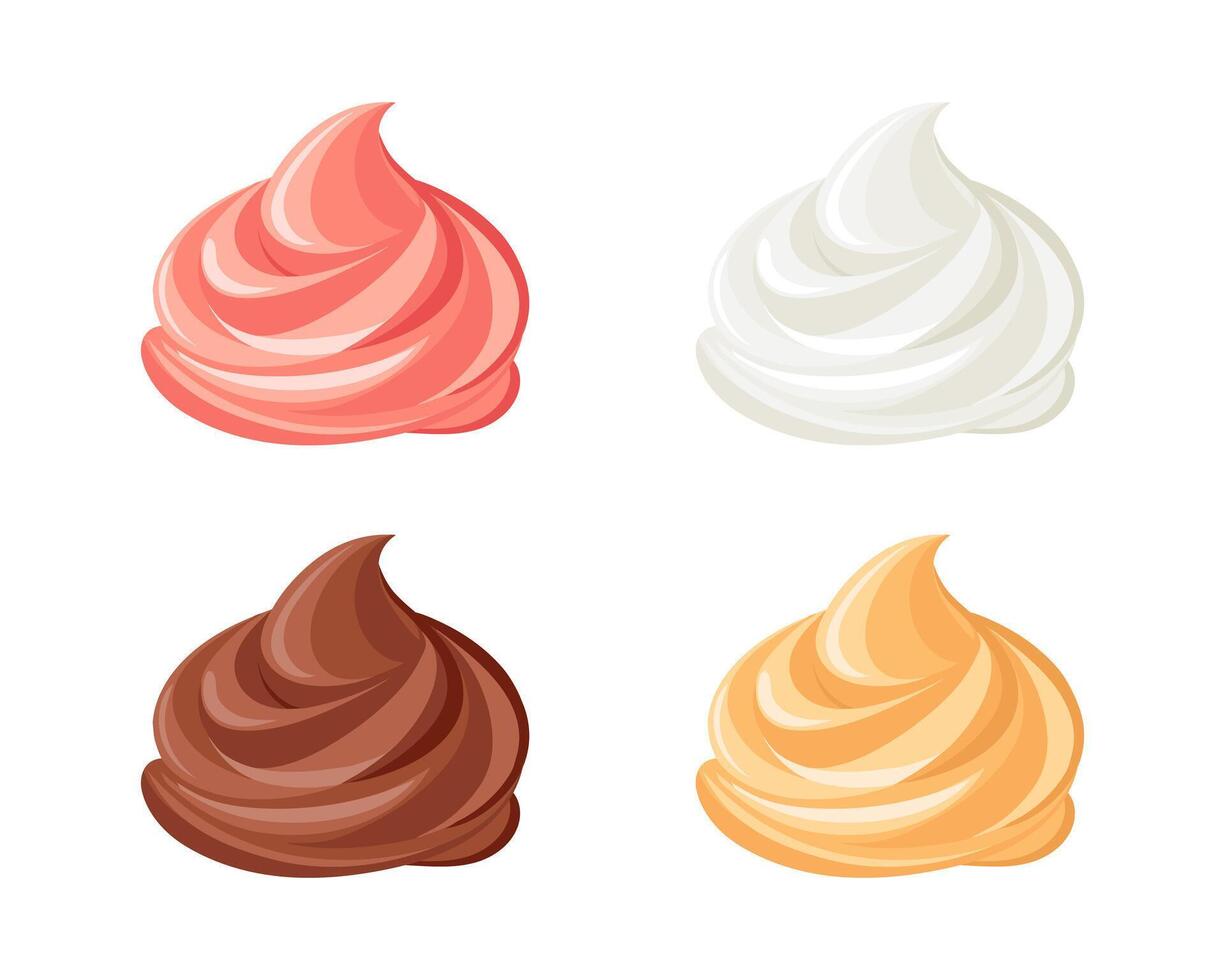 Creamy swirl set. Whipped cream, mousse. Strawberry, chocolate, vanilla and caramel cream. Dessert illustration in flat style. Food icons. vector