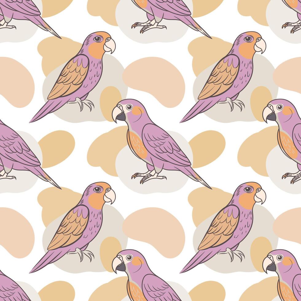 Seamless pattern, linear drawings of tropical parrots on a background of abstract shapes. Cute macaw birds. Design for textile, background, print vector