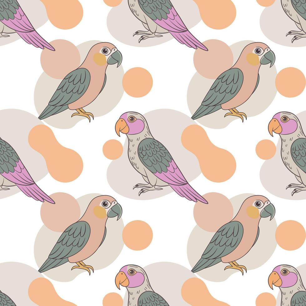 Seamless pattern, linear drawings of tropical parrots on a background of abstract shapes. Cute macaw birds. Design for textile, background, print vector