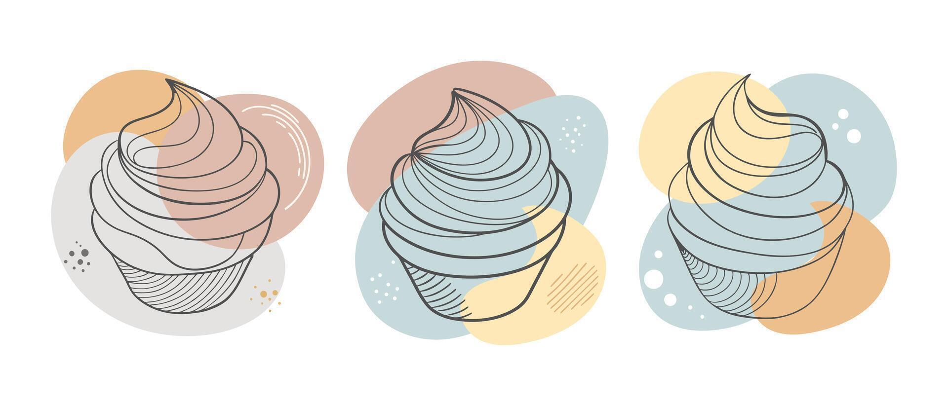 Hand-drawn contour cupcakes with cream on a background of abstract shapes. Line art collection of cupcakes. Food dessert illustration. vector