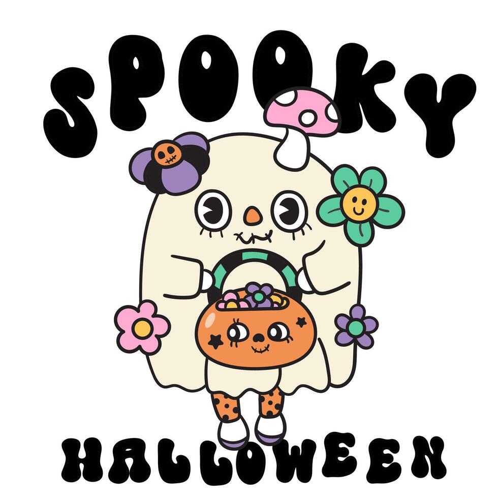 Cute ghost clipart with candy pumpkin Groovy Halloween flower vector