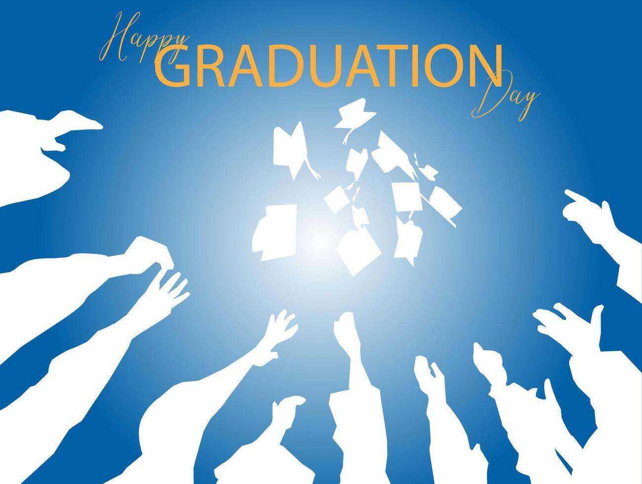 silhouette of students throwing toga hats celebrating happy graduation day into the blue sky vector