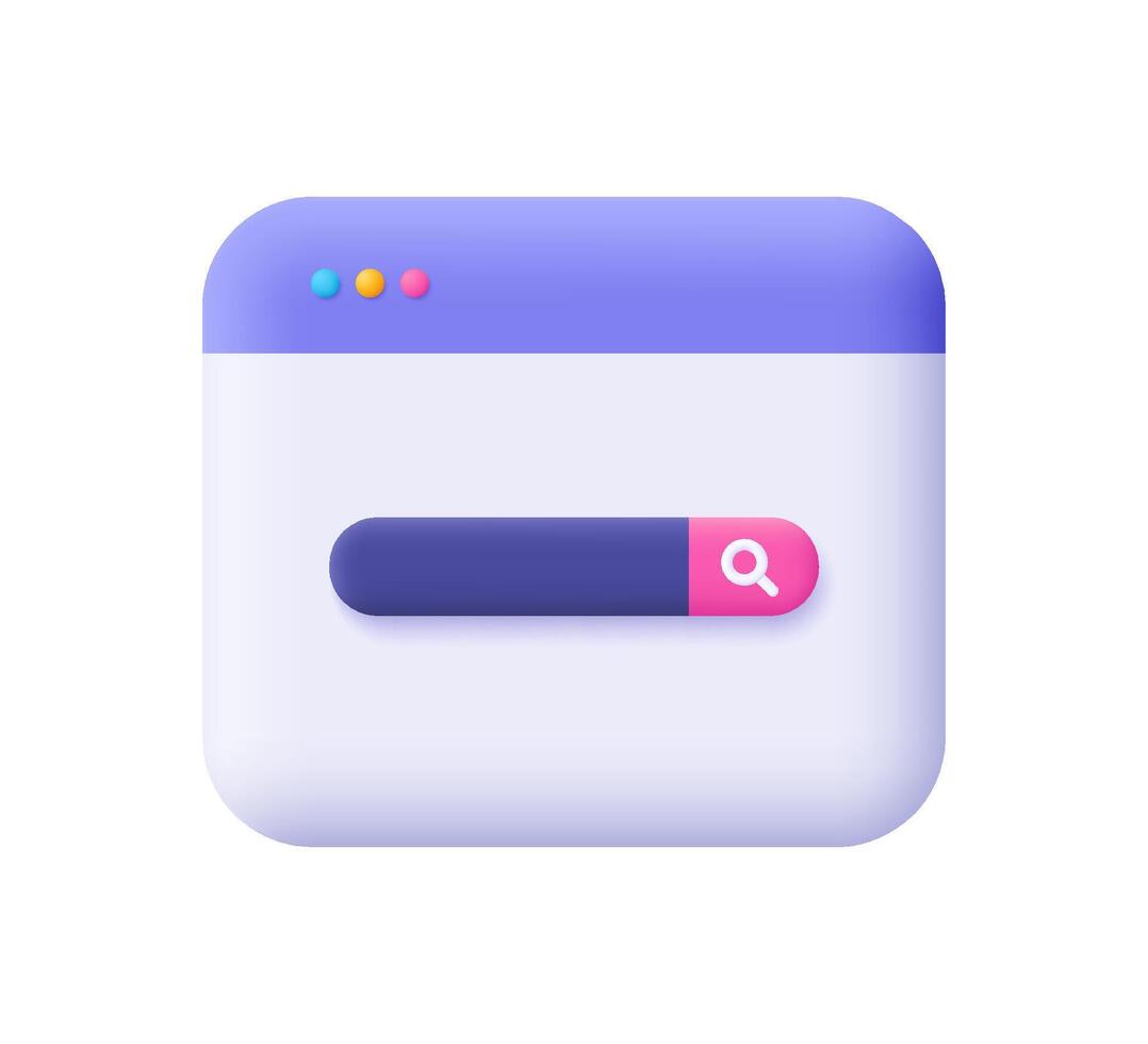 Webpage browser window and search bar. Searching and navigation on internet concept. 3d icon. Cartoon minimal style. vector