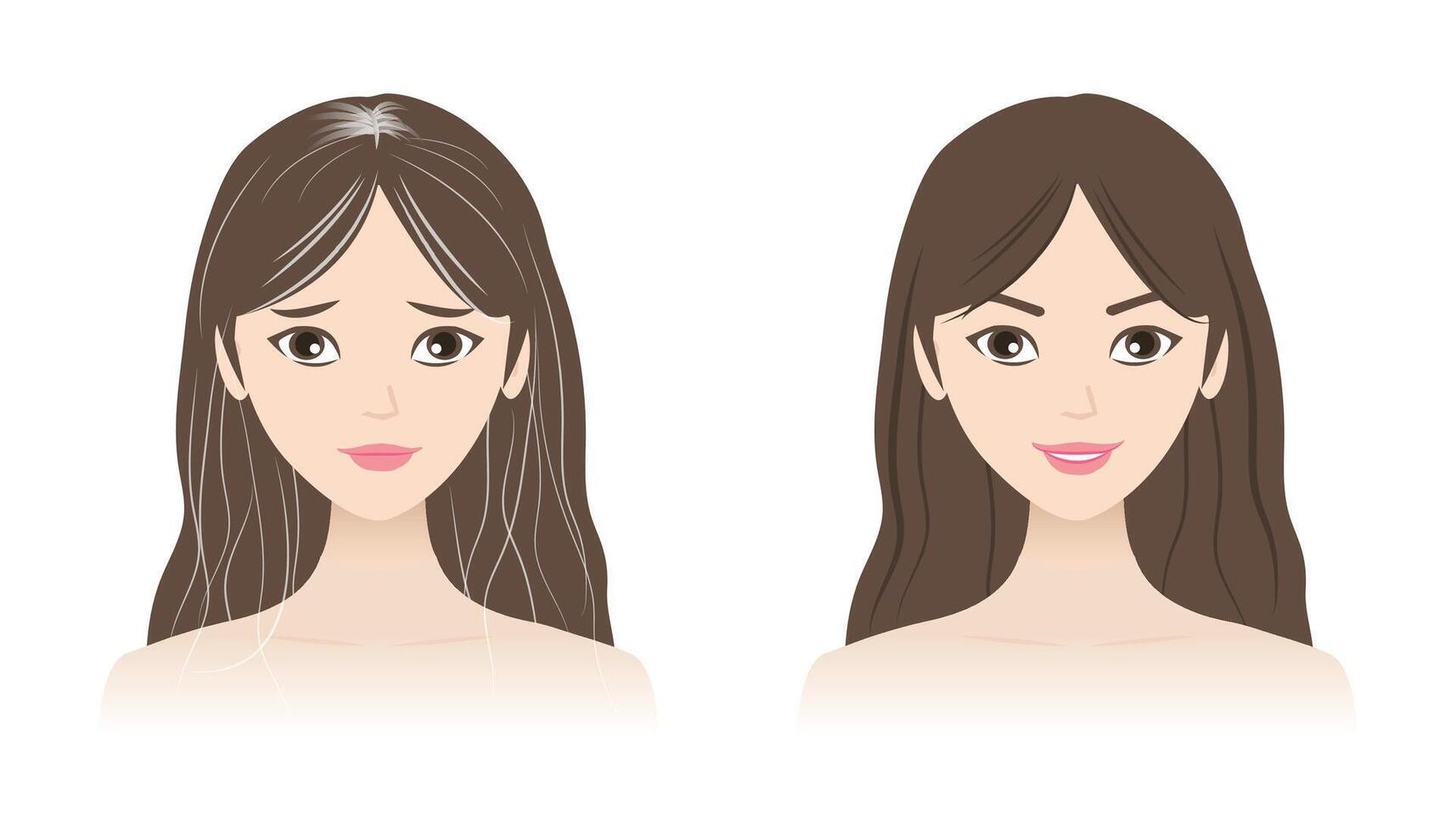 Infographic of gray and pigmented hair illustration isolated on white background. The woman is worried about white, greying hair and make hair darker. Hair care and problem concept. vector
