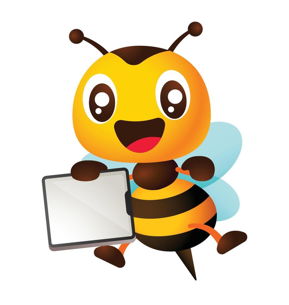 Cartoon cute honey bee hand pointing empty big screen tablet signboard. Character illustration vector