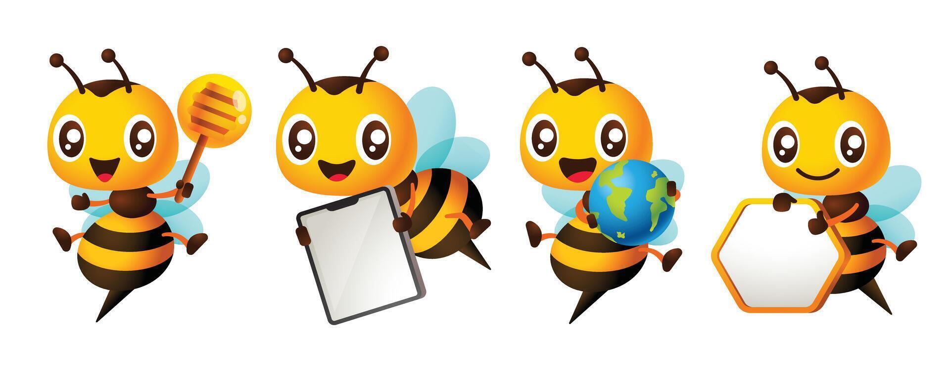 Cartoon cute honey bee various poses mascot set. Character illustration vector