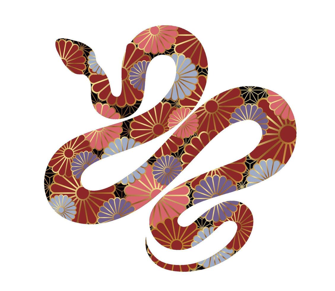 Year Of The Snake Zodiac Symbol Decorated With Japanese Vintage Chrysanthemum Pattern. vector