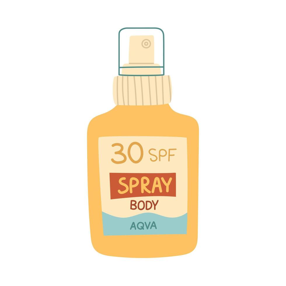 A jar of sunscreen. The spray is in a closed the bottle. Cosmetics. Face and body care products. The icon of the Spf spray jar aqua. A object in a flat style. Retro colors. An isolated object vector