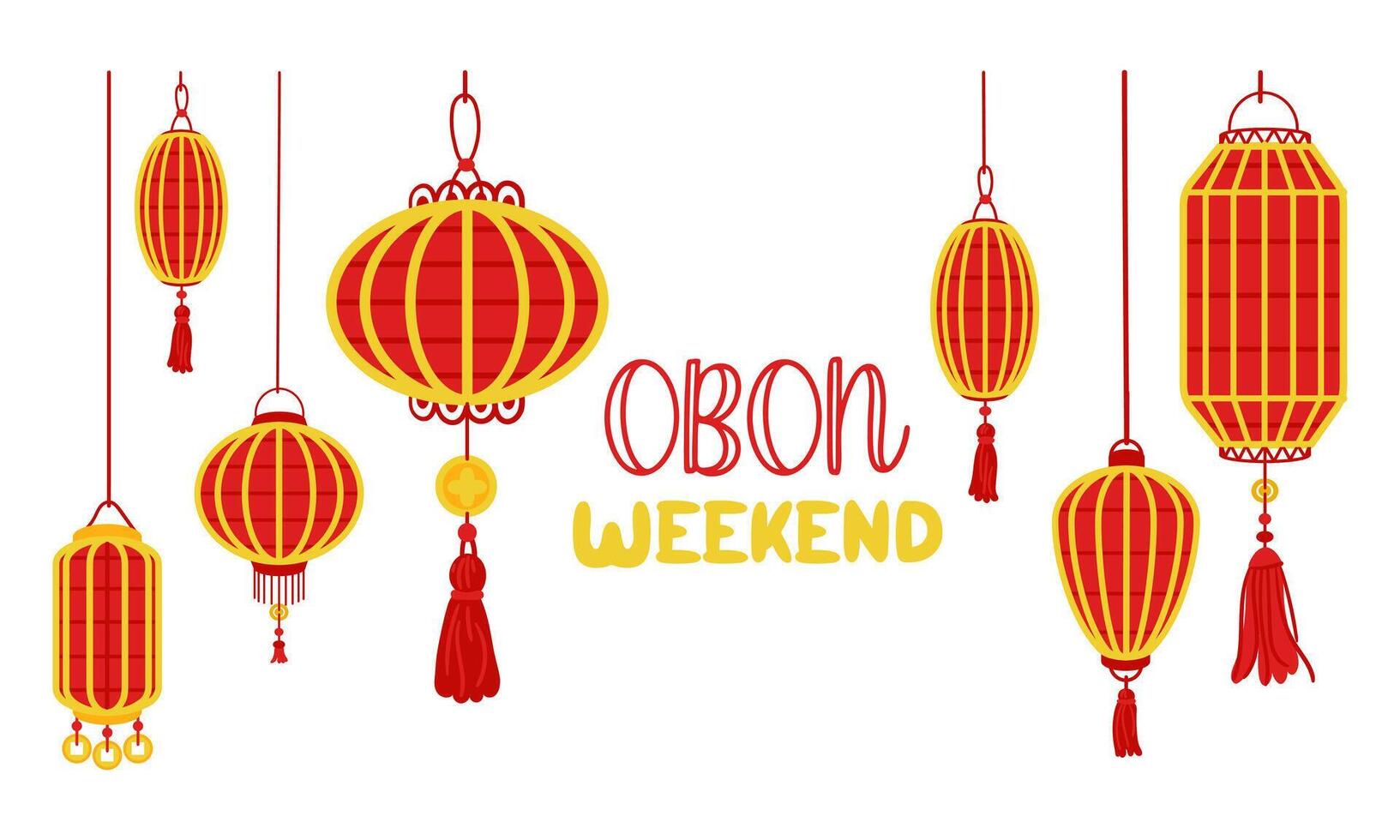 Weekend OBON. Japanese lantern festival Obon on white. A traditional summer festival. Day of the Dead in Japan. August 13-15. Lanterns they hang a lot on the sides with the inscription day. Relatives vector