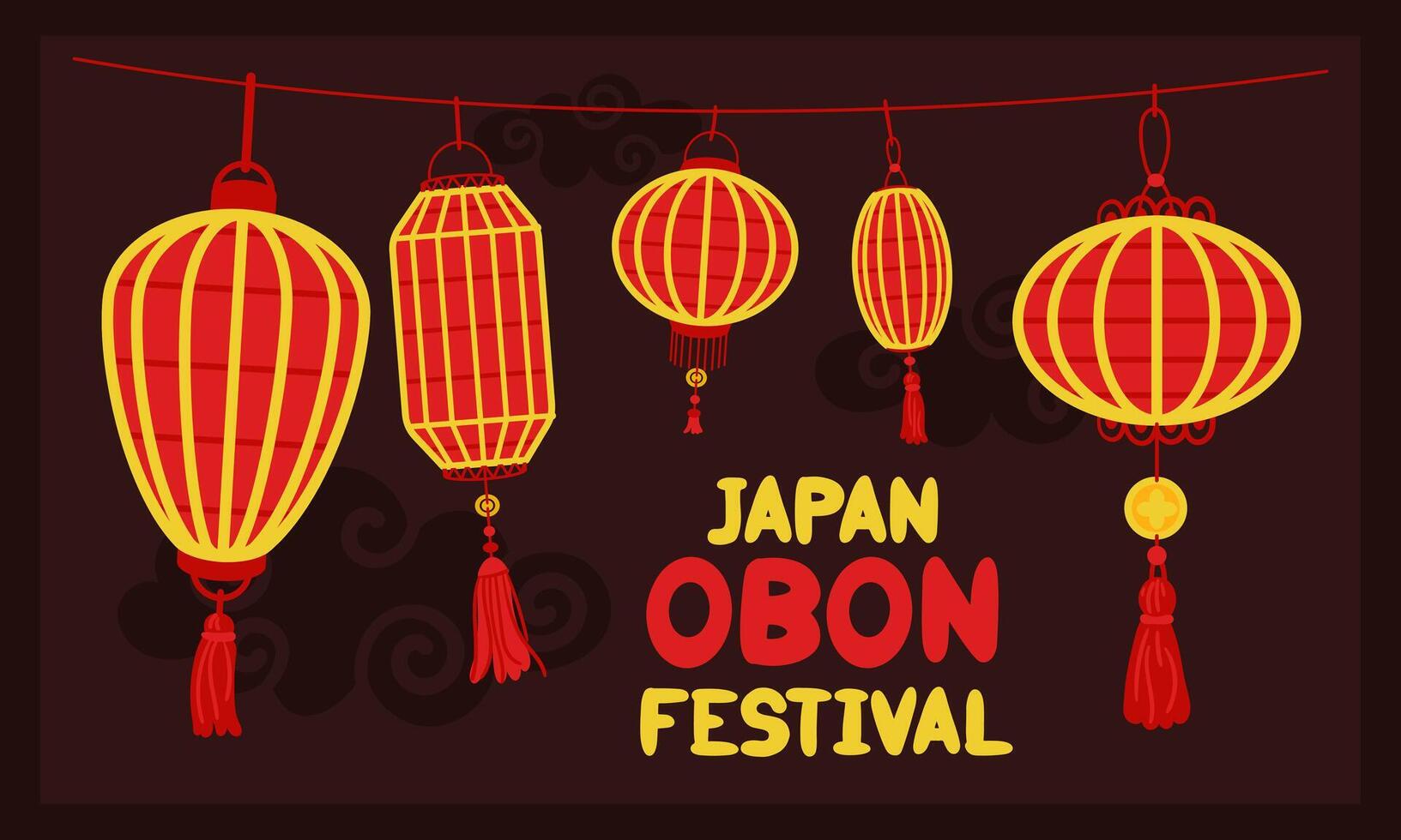 Japan Obon Festival. The Japanese lantern festival of Obon on the dark. Summer traditional festival is dedicated to the Day of the Dead in Japan August 13-15. Lanterns with an inscription, clouds vector