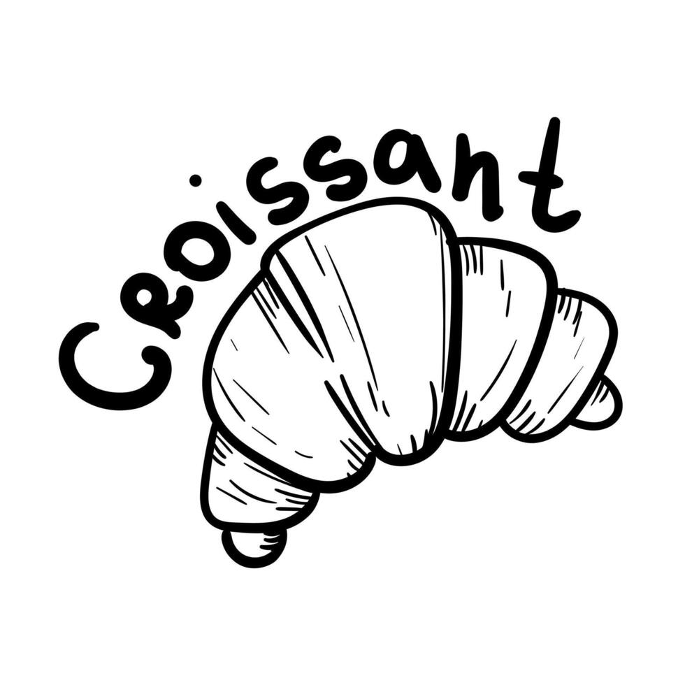 Doodle illustration featuring a fluffy croissant black outline, and the sweet name croissant. The image is handmade with different line thicknesses. Contour illustration for baking in cafes, bakeries vector