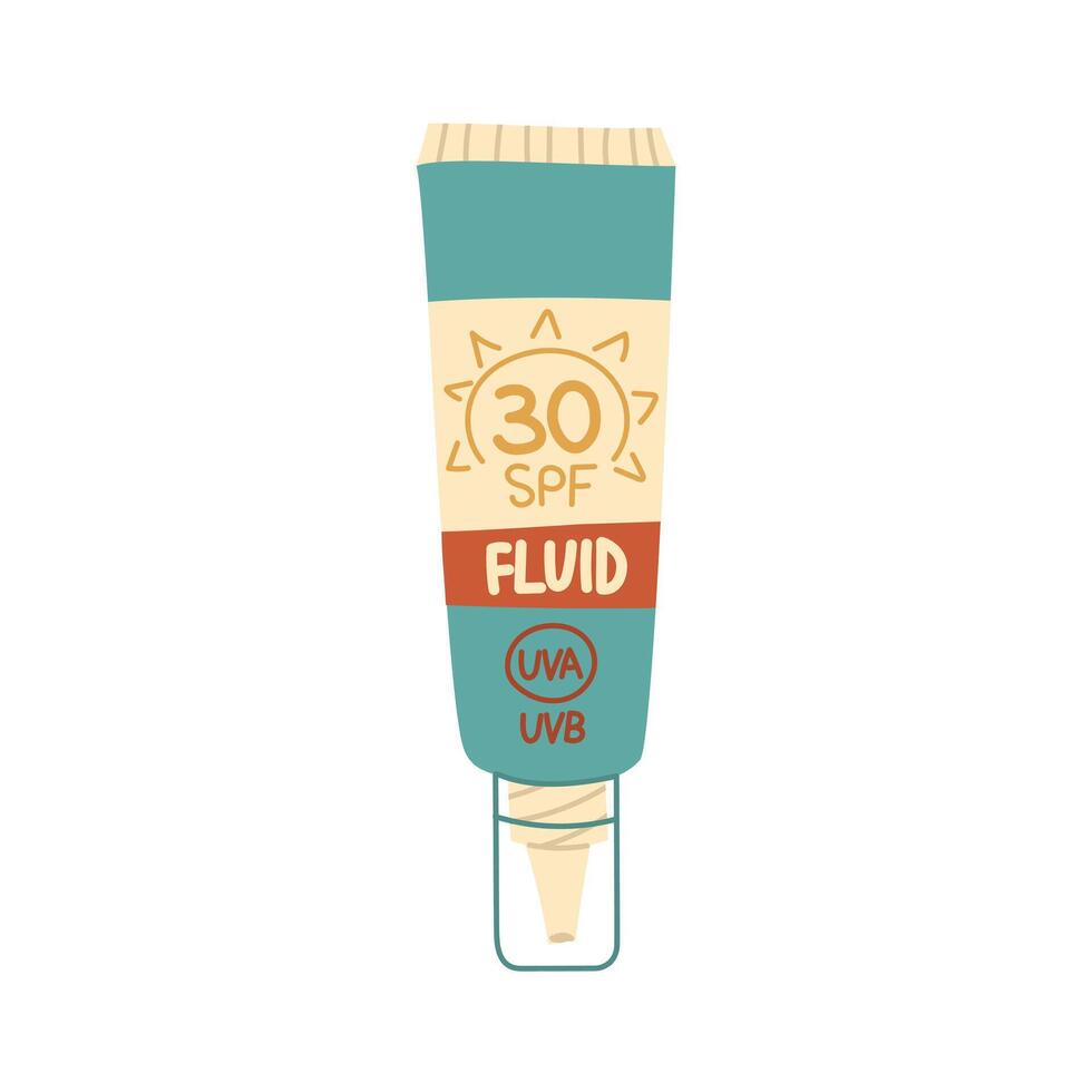 jar of sunscreen. fluid is in a closed tube with a dispenser. Cosmetics. Face and body care products. The icon of the Spf 30 jar. A object in a flat style. Retro colors. Isolated object vector