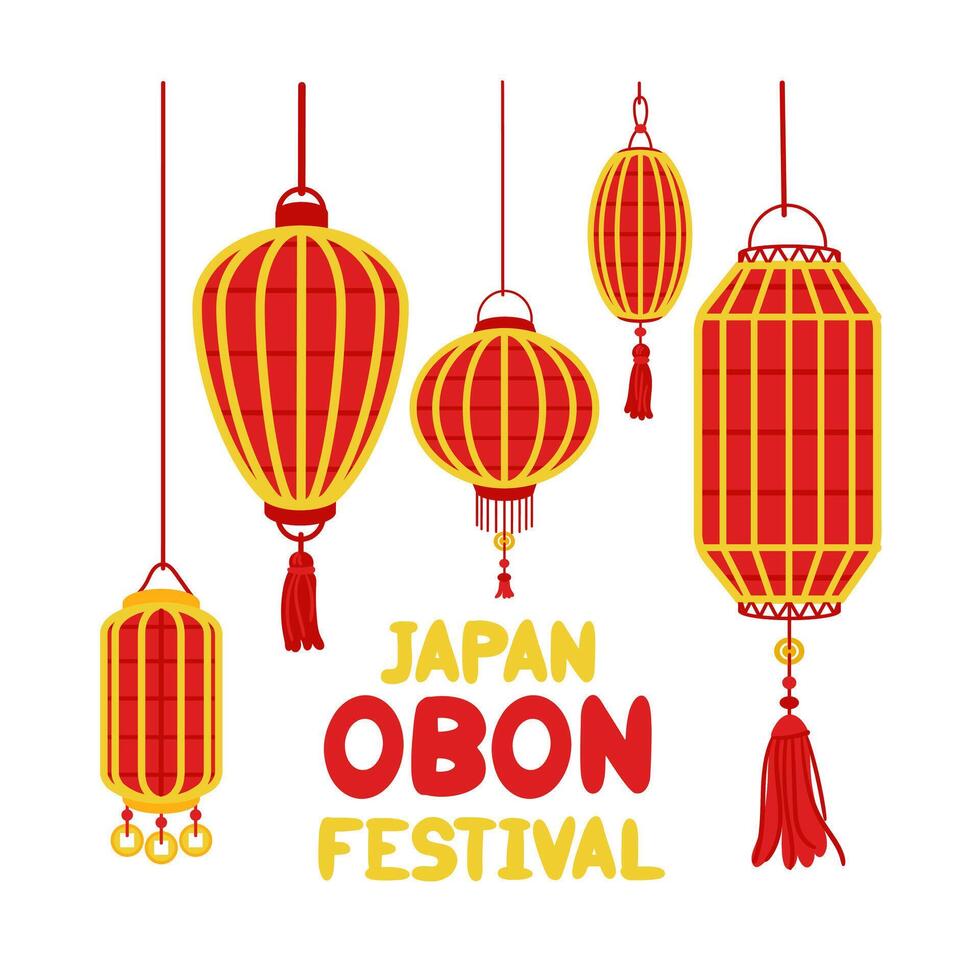 Japan Obon Festival. Japanese Obon Lantern Festival on a white background. The summer traditional festival is dedicated to the Day of the Dead in Japan August 13-15. Lanterns red with an inscription vector