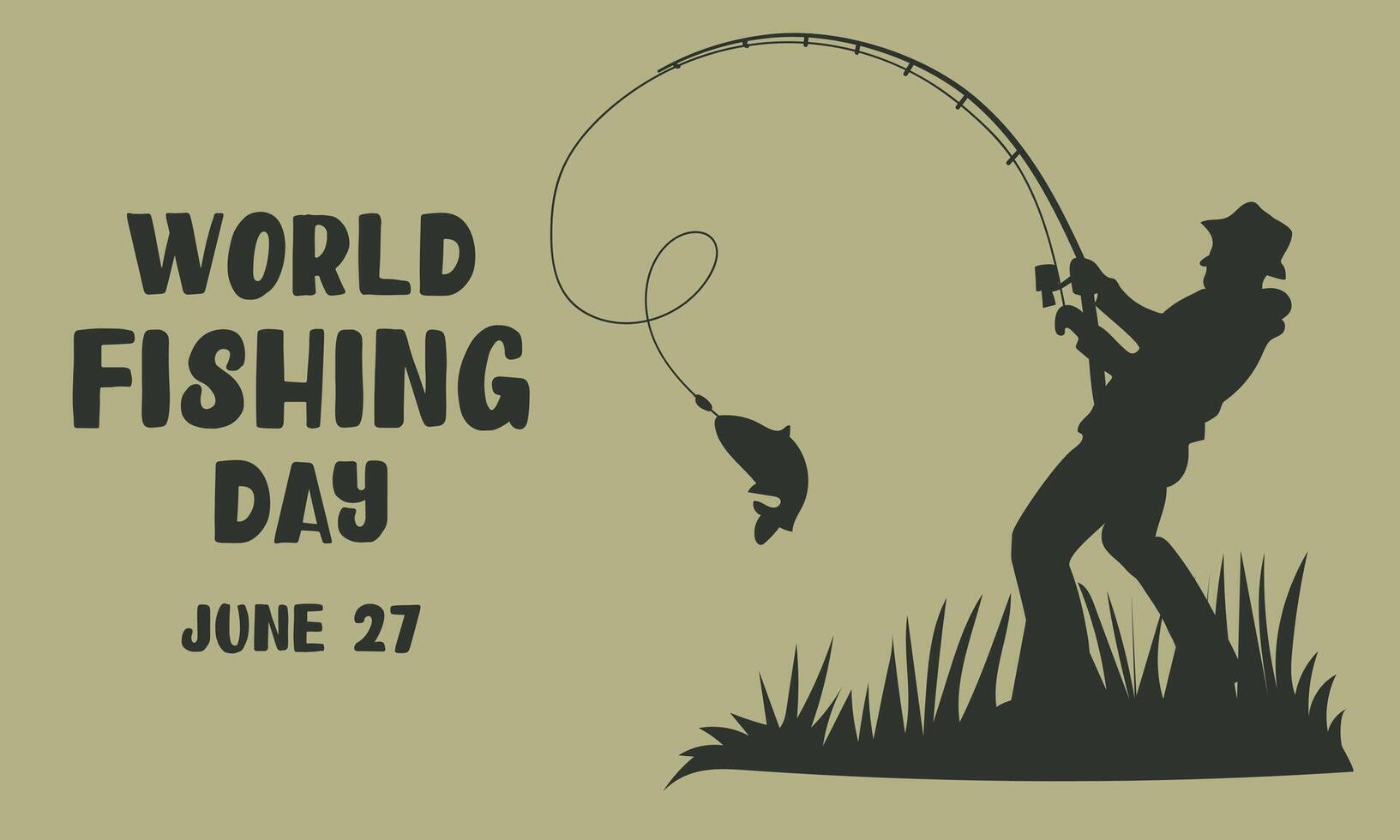 Postcard for fisherman's day with a silhouette of a man who caught a fish on a fishing rod. Fishing as a vacation. Banner with a dark silhouette, outline. Printing on postcards. Horizontally june 2 vector