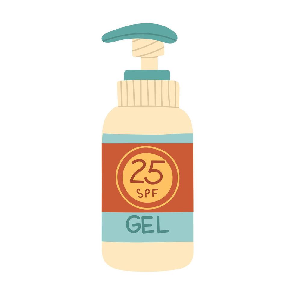 A jar of sunscreen. The gel is in a closed tube with a dispenser. Cosmetics. Face and body care products. The icon of the Spf 25 gel jar. A object in a flat style. Retro colors. Isolated object vector