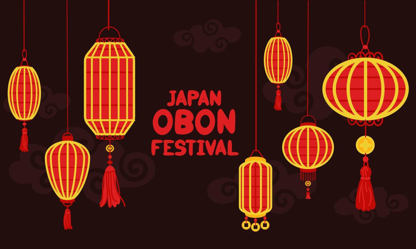 Japan Obon Festival. The Japanese lantern festival of Obon on the dark. Summer traditional festival is dedicated to the Day of the Dead in Japan from August 13-15. Lanterns with an inscription, clouds vector