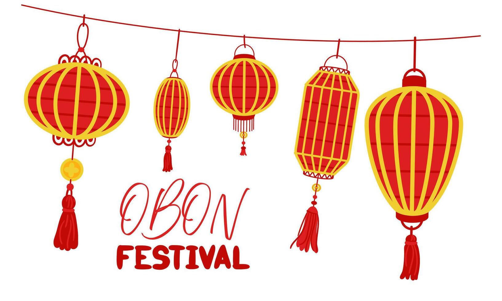 Obon Festival. Japanese lantern festival Obon on white. A traditional summer festival. Day of the Dead in Japan from August 13-15. Lanterns red yellow with the inscription day. horizontal. Relatives vector