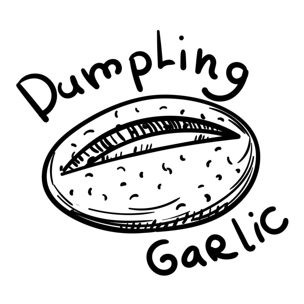 Doodle illustration featuring a bun black outline, and the sweet name garlic dampling. The image is handmade with different line thicknesses. Contour illustration for baking in cafes, bakeries vector