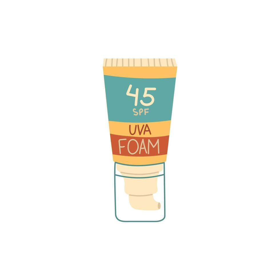 jar of sunscreen. The foam is in a closed tube with a dispenser. Cosmetics. Face and body care products. The icon of the Spf 45 gel jar. A object in a flat style. Retro colors. Isolated object vector