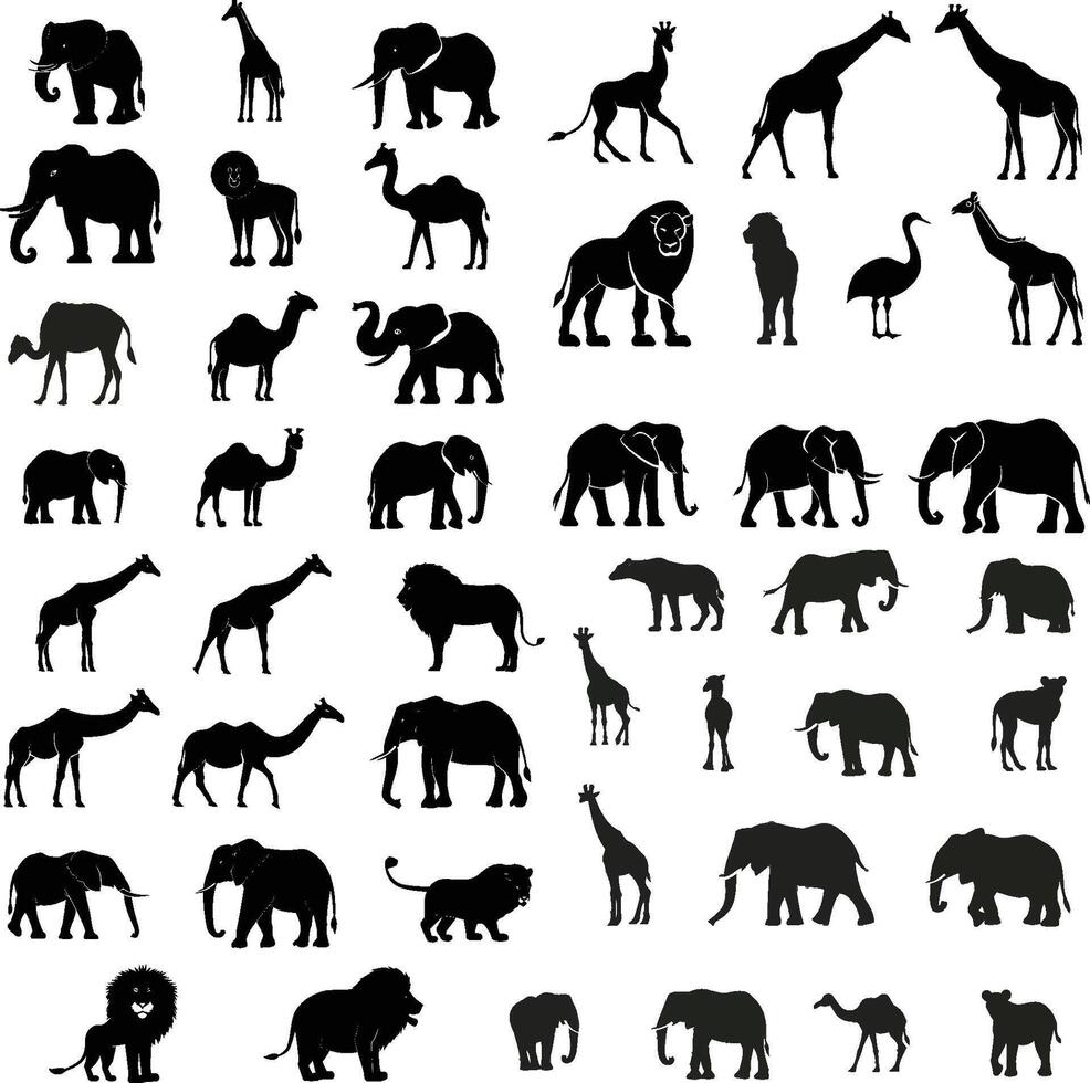Silhouettes of different animals on white background. vector