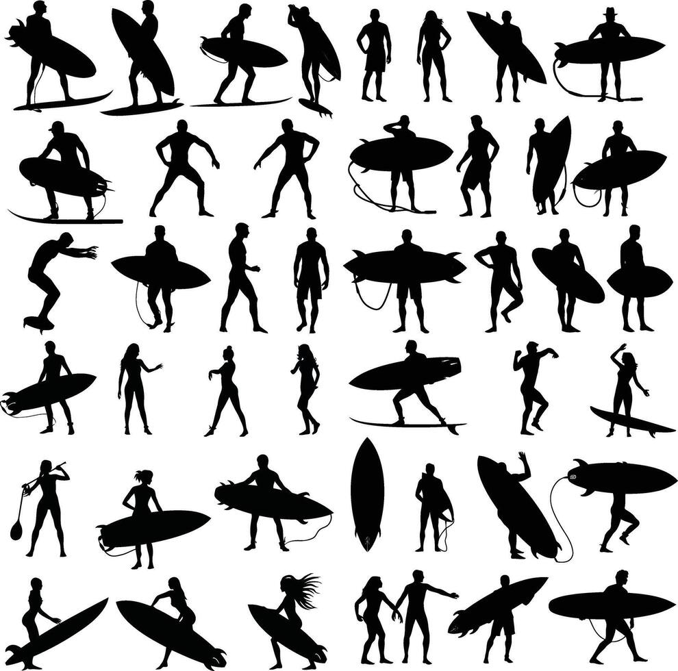 set of black silhouettes, surfers with board in hand doing various poses, white background,flat design vector