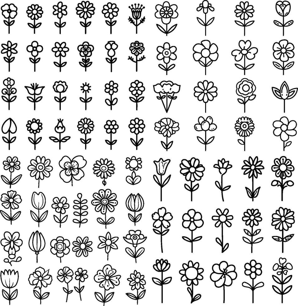 Different style floral set. Black outline stylized flowers isolated on white background. Collection of decorative floral design elements. vector