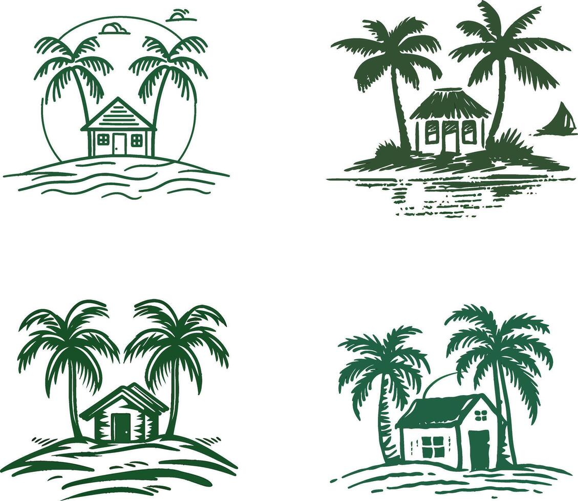 Two palms and bungalow on beach. Mountains on background vector