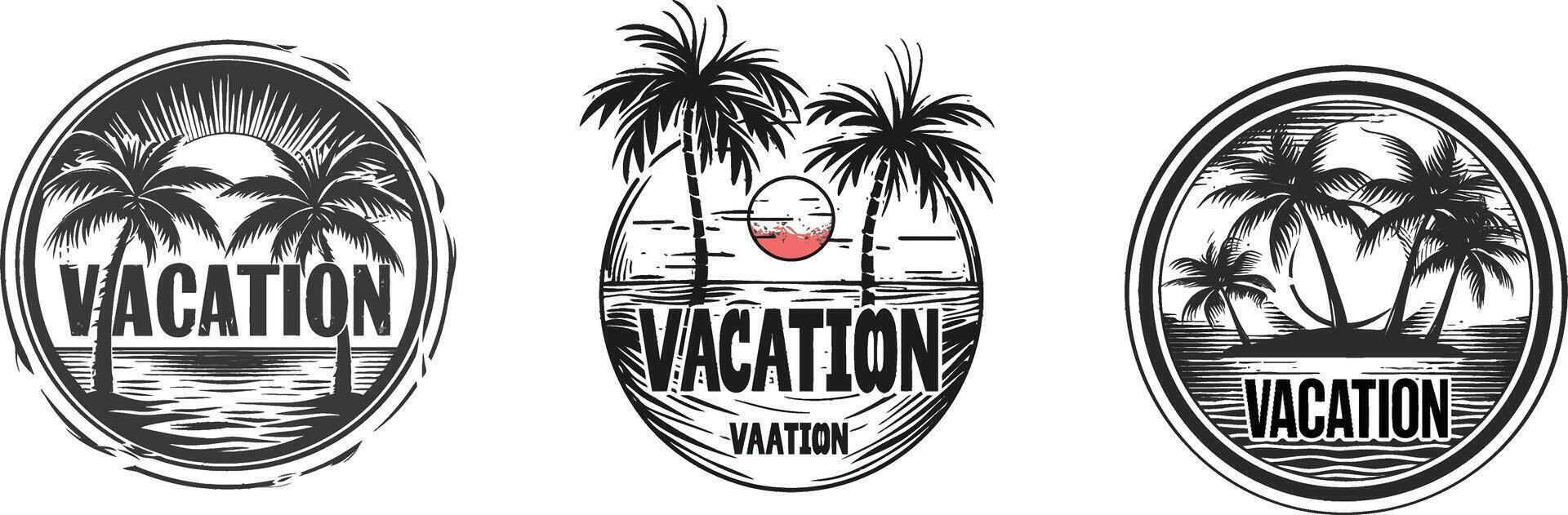 Black and White Logo with VACATION Text, Beach Sunset, and Palm Trees vector