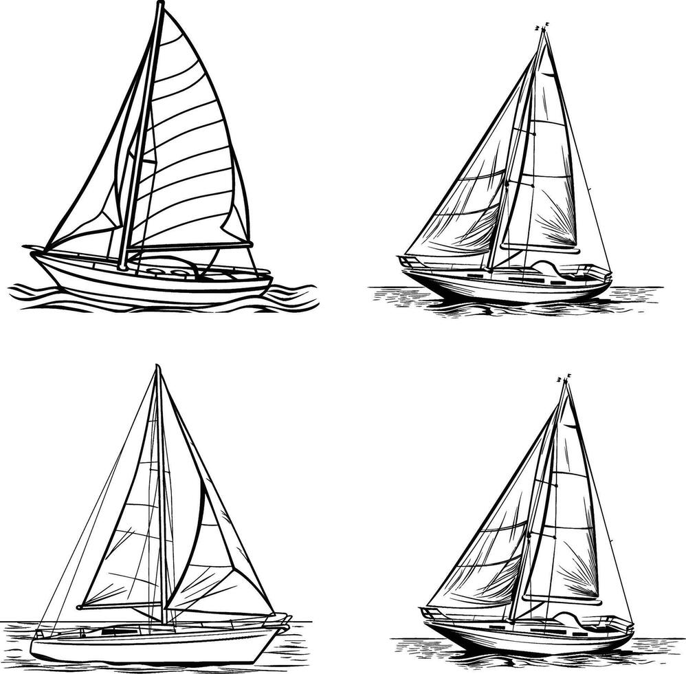 Set of Sailing Yachts Floating on Waves, Small Ships for Recreation and Travel, Outline Sketch vector