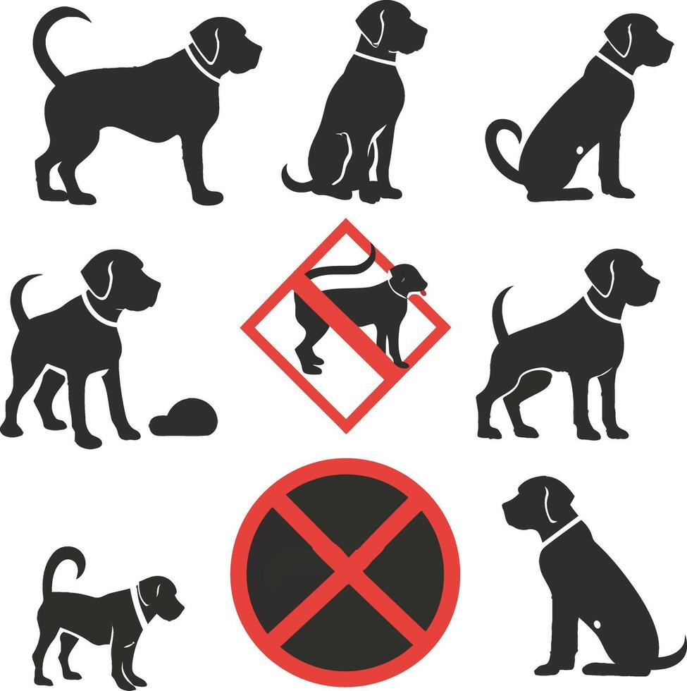 Dog Prohibited Signs, Silhouette Park Signage for Dog Permission and Restriction. Illustration of Restricted Dog Walk and Waste vector