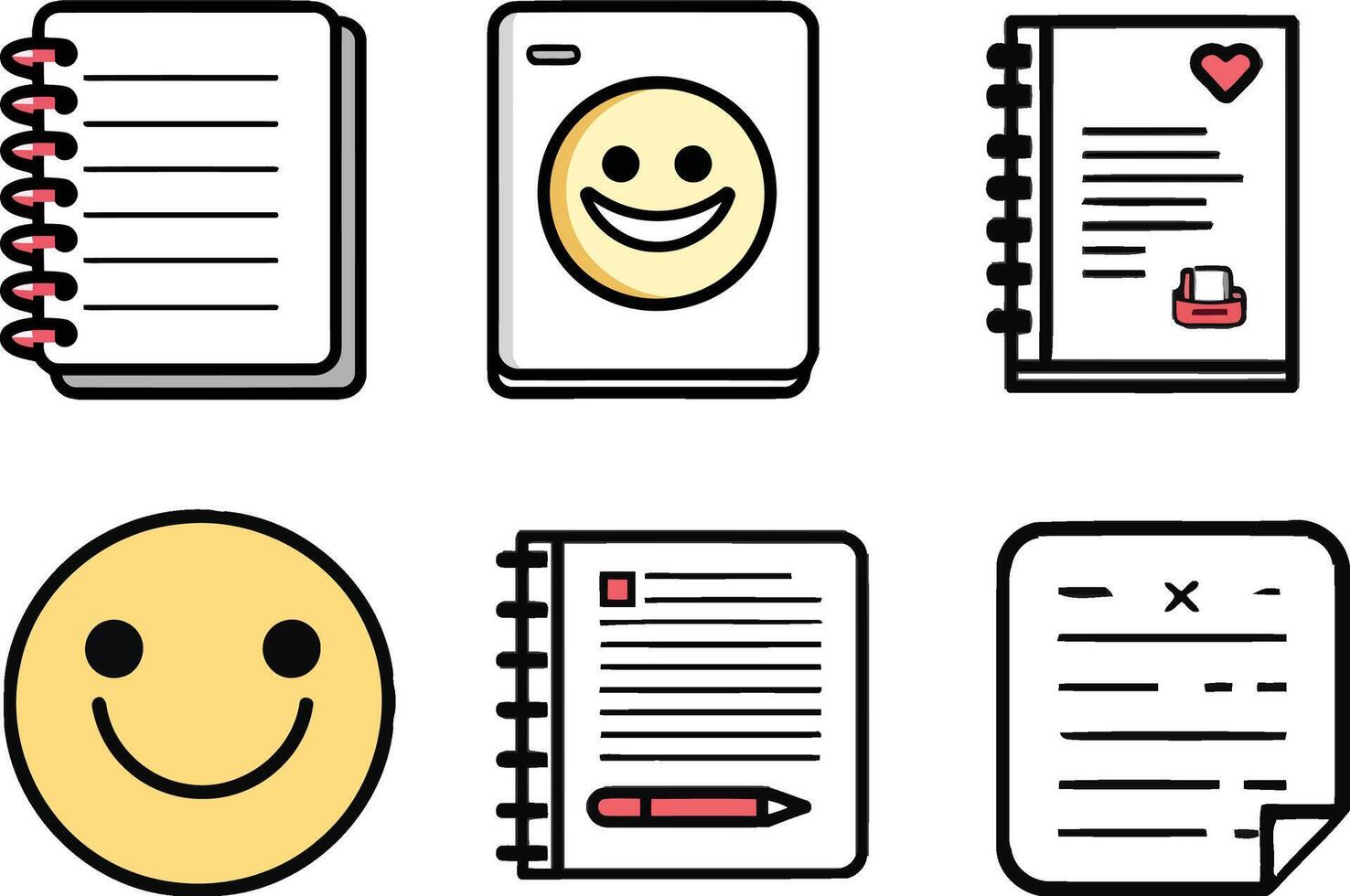 Icons of Office Paper and Hearts Isolated on White Background. Includes Pages, Memo, Notes, Message in Envelope, Laptop Screen, Exclamation Mark, and Increasing Pointer vector