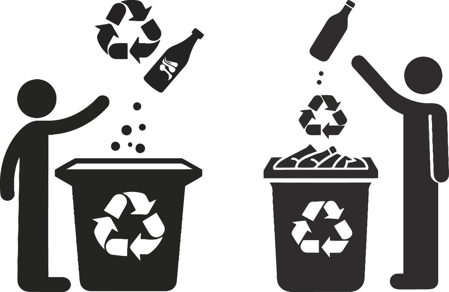 two people throwing bottles into a trash can vector