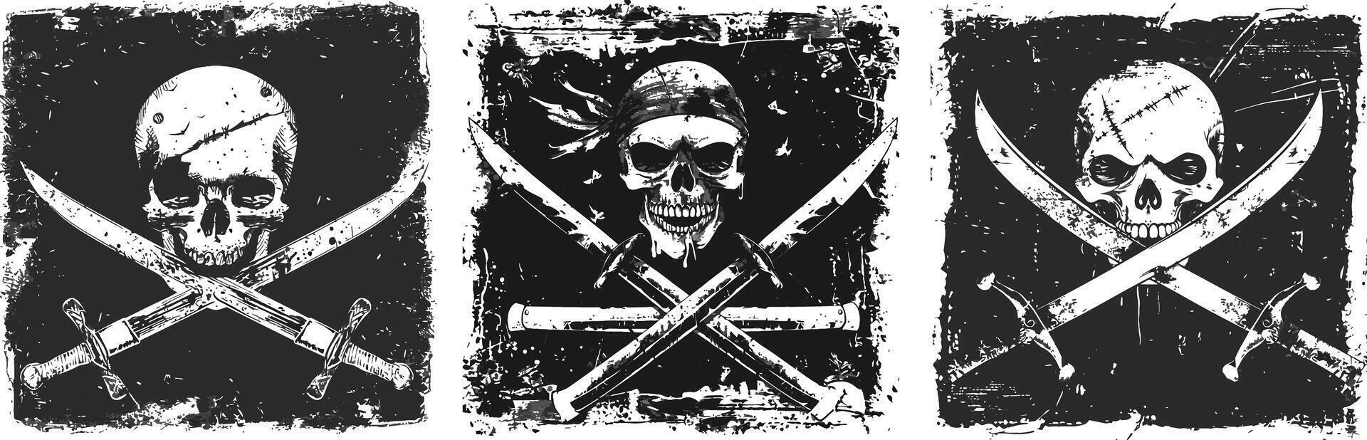 three skulls and crossed swords on a black background vector