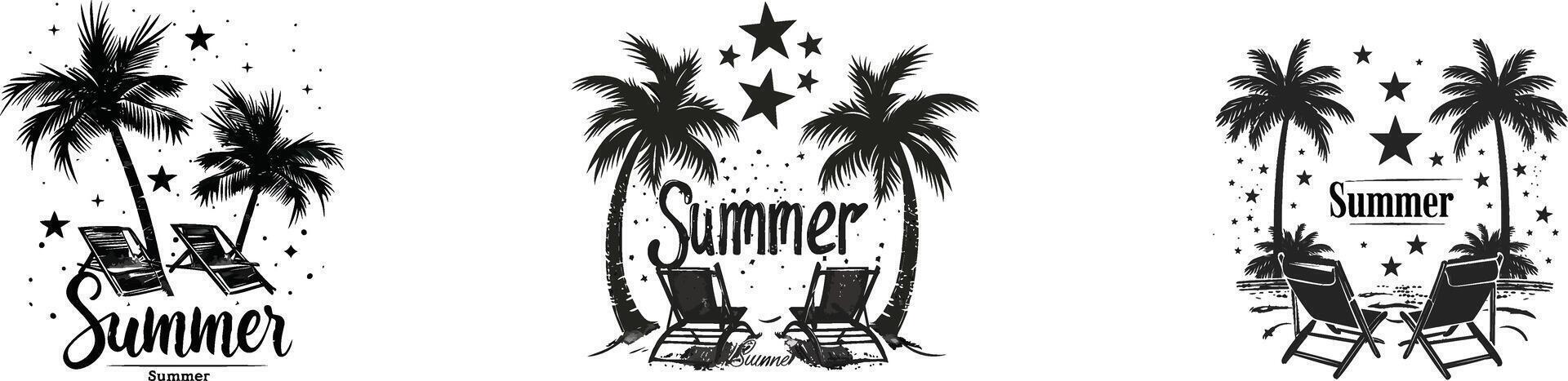 Summer Vacation Sunset Label with Palm Trees and Beach Loungers, Illustration with Summer Text vector