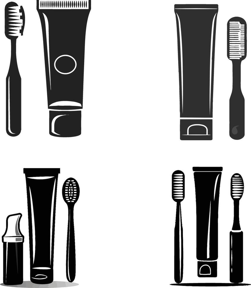a set of four black and white icons of toothbrushes and toothpaste vector