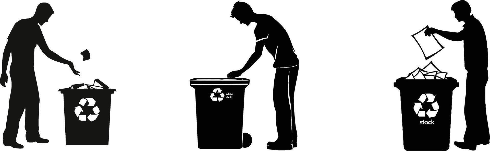 silhouettes of people throwing trash into a trash can vector