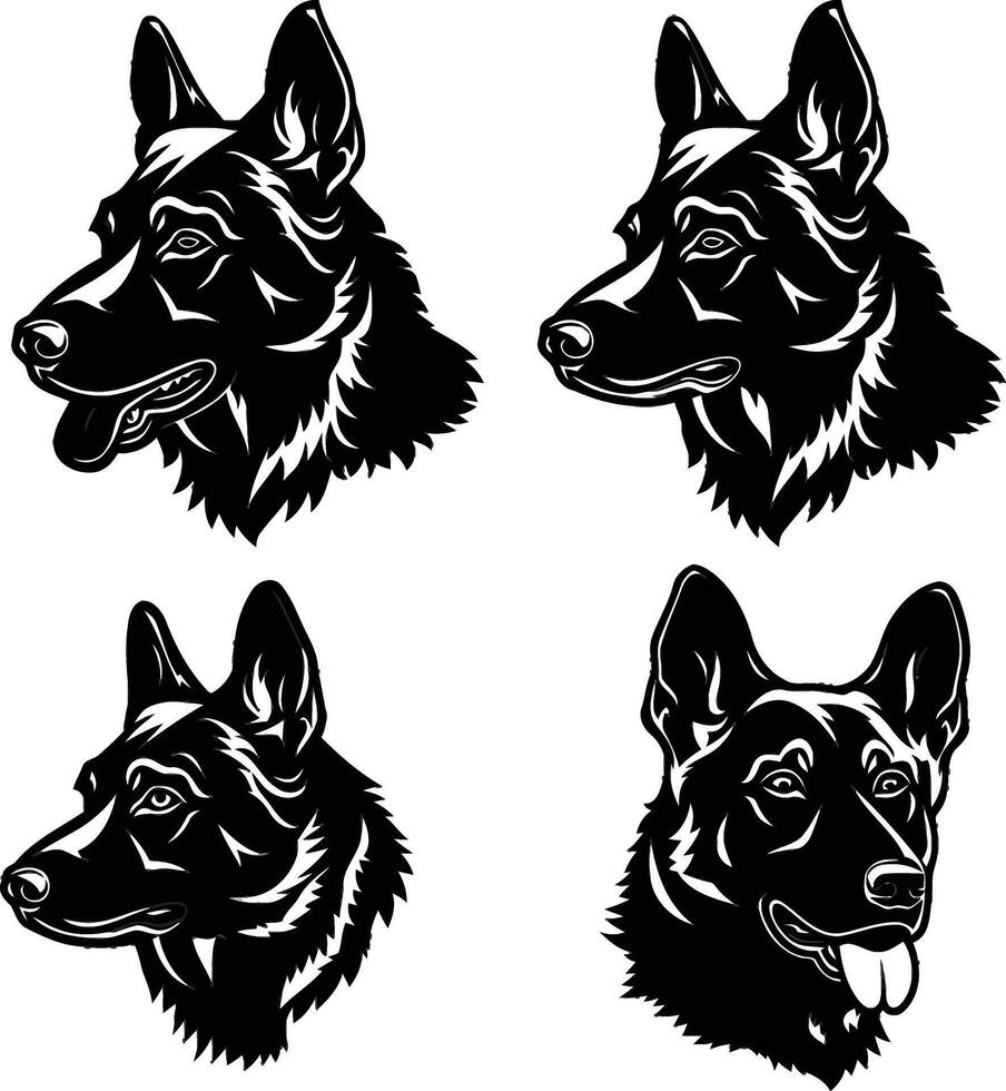 Set of German Shepherd Head Portraits and Puppy Illustrations vector