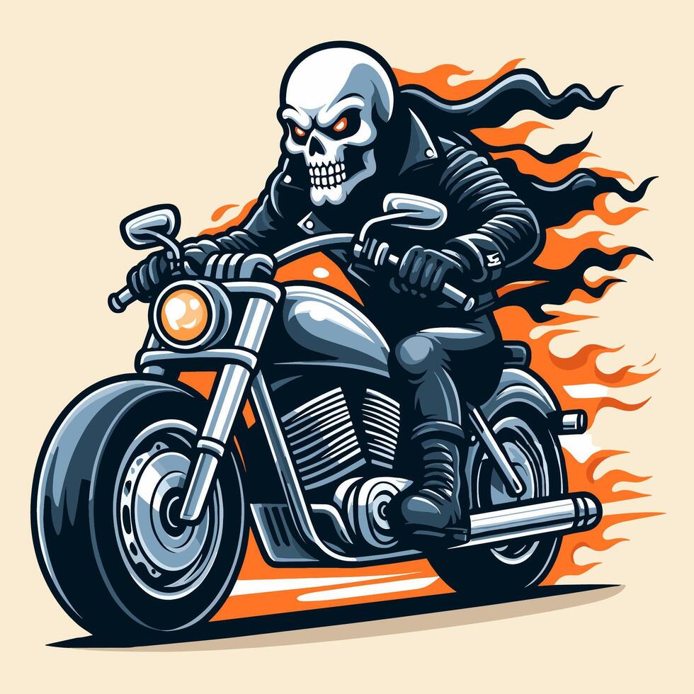 skeleton riding burning motorcycle illustration vector