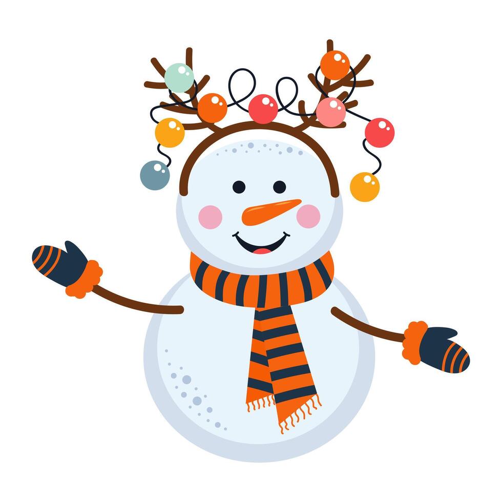 Cute snowman with deer horns and garland. Cartoon winter character in warm scarf and mittens. Nursery art scandinavian style. vector