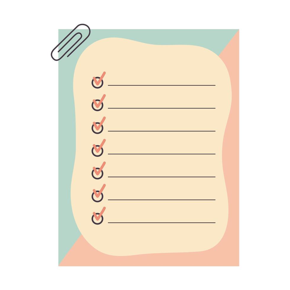 Memo notepad with a paper clip. Cute notebook template for notes with lined pastel design. vector