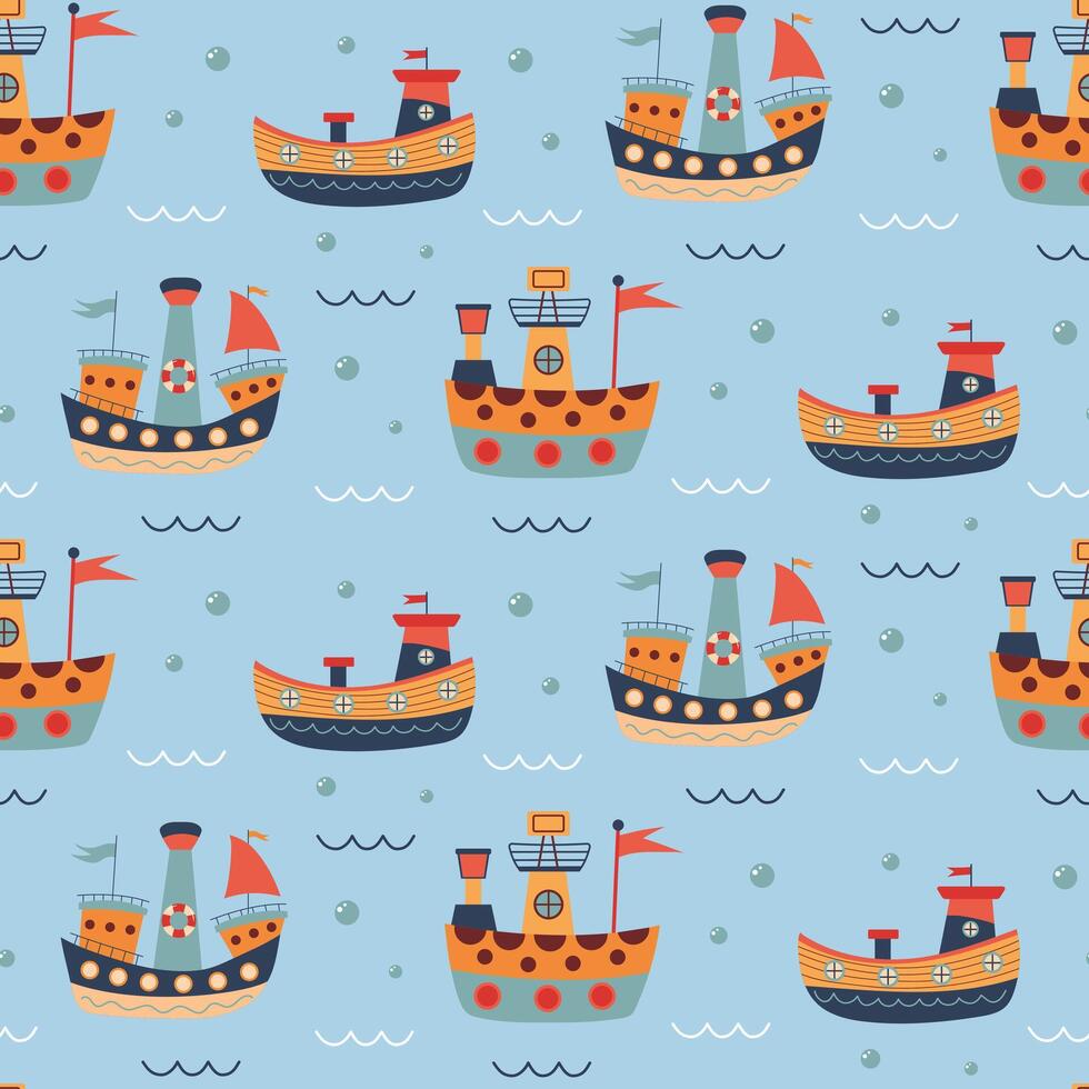 Seamless pattern with ships, waves and bubbles. Cute Marine pattern for fabric, baby clothes, background, textile, wrapping paper. Nursery art style. vector