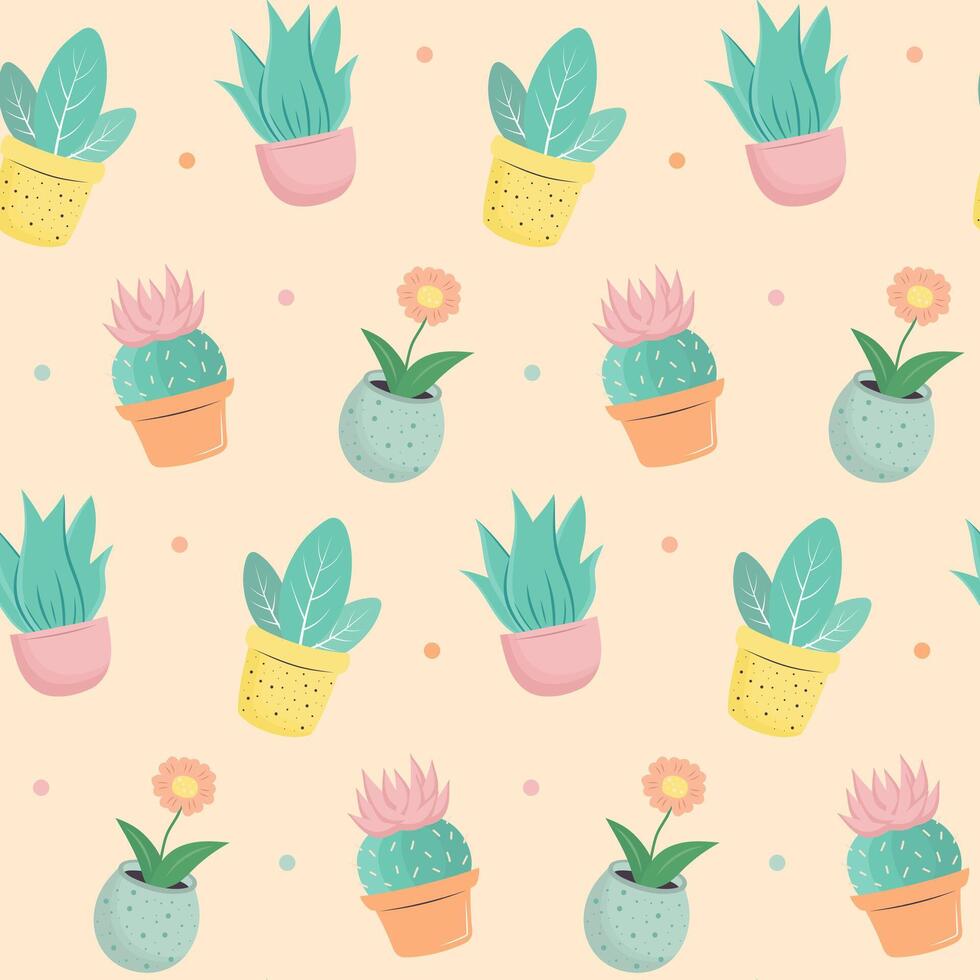 Seamless pattern with potted plant and cactus on a beige background. Pastel print. vector