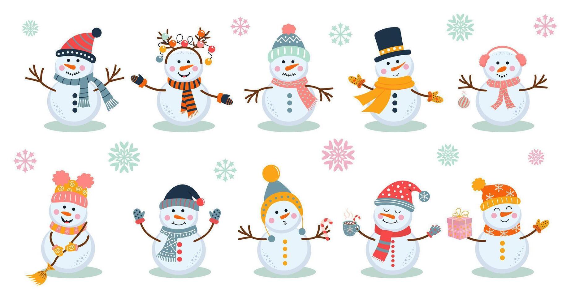 Cute snowmen set. Nursery art style. Winter characters in scarf and hat. Christmas stickers collection. vector