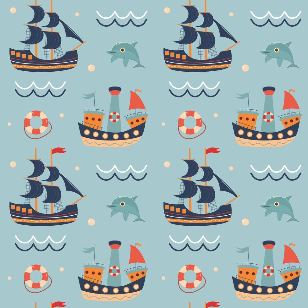 Seamless pattern with sailing ships, dolphin, lifebuoy, waves and bubbles. Cute Marine pattern for fabric, baby clothes, background, textile, wrapping paper. Nursery art style. vector