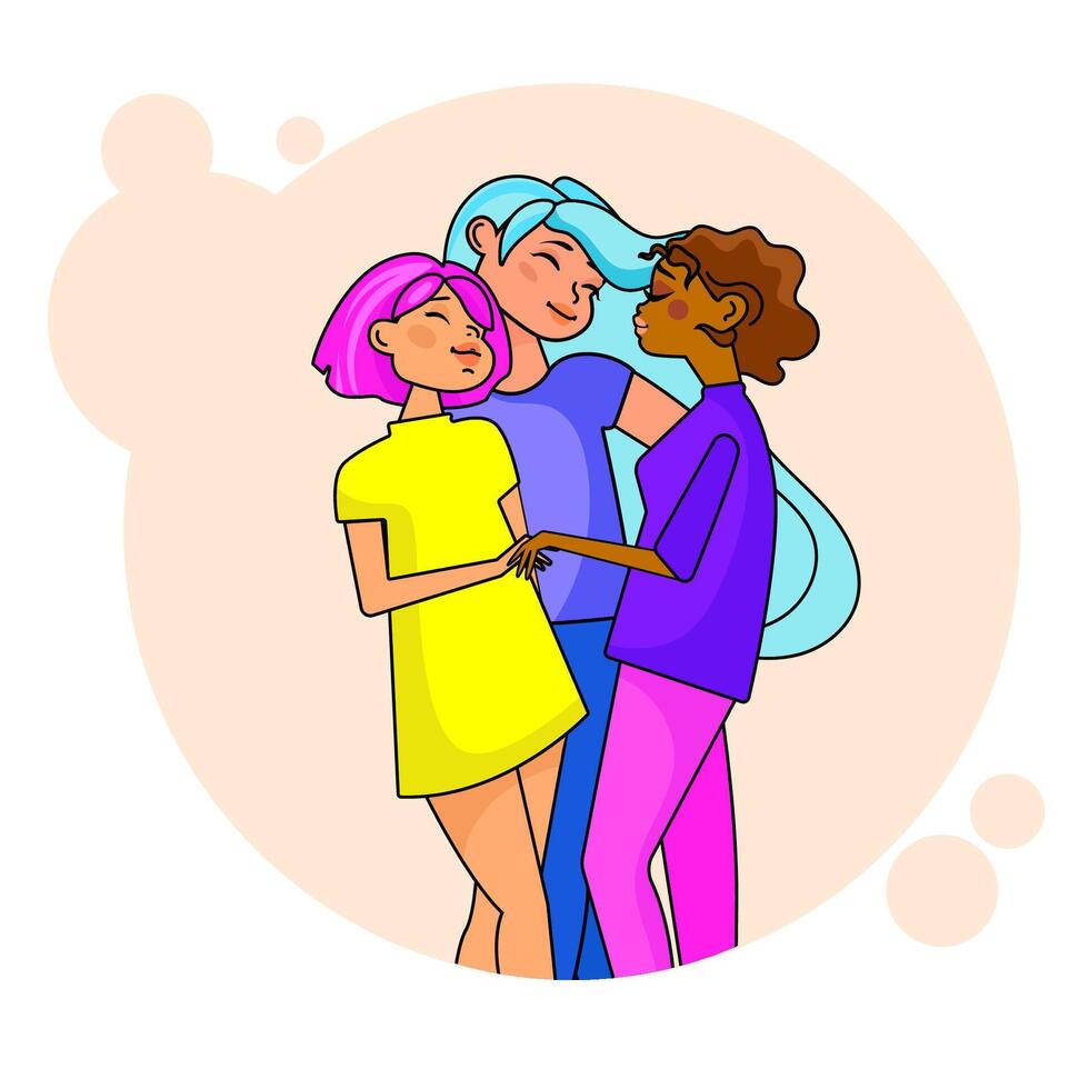Happy young women of different ethnicities and cultures stand together hugging.Sisterhood and friendship concept.Equality of women.Beautiful Multi-ethnic women support each other. vector