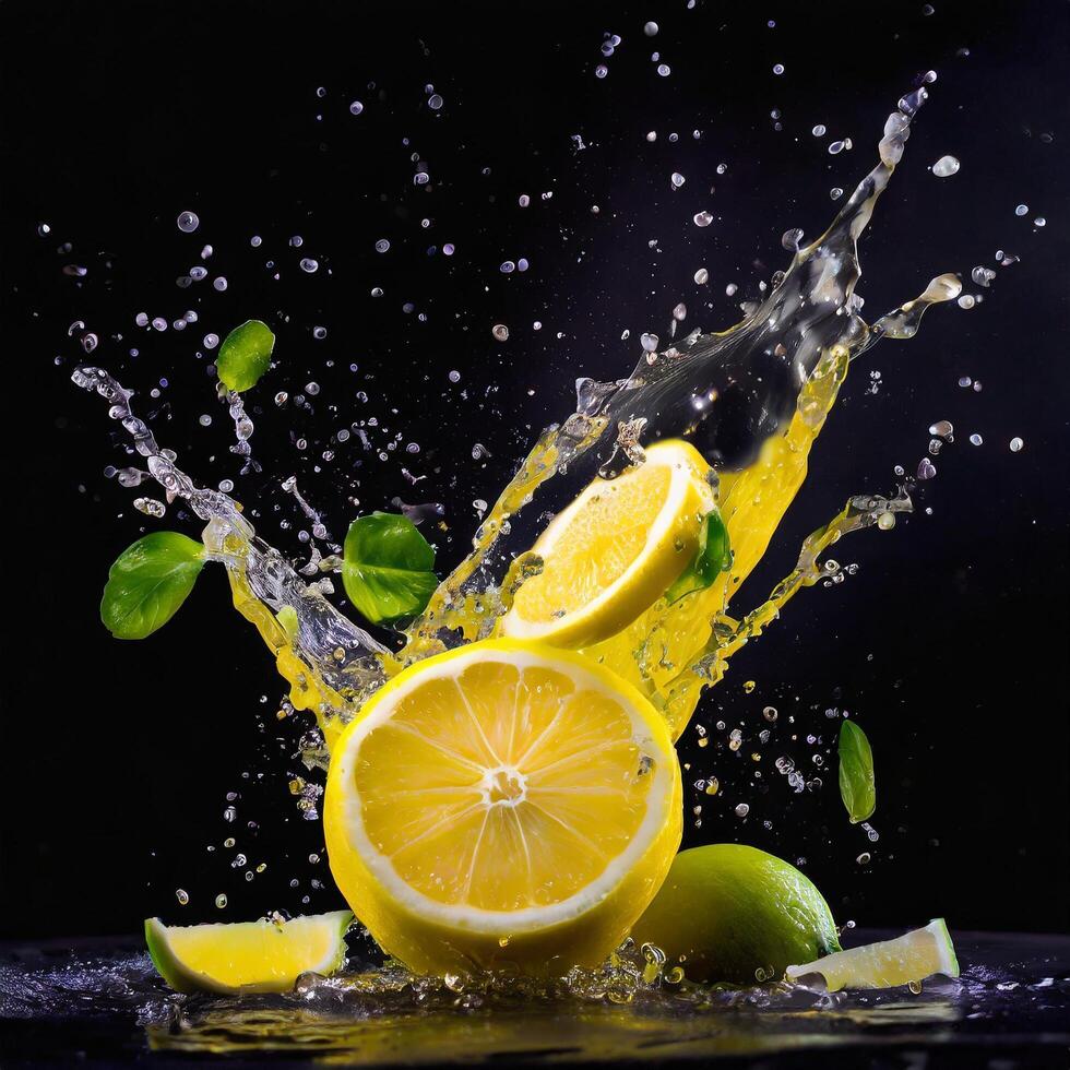 Lemon slices with a splash of fresh water isolated the black background. photo